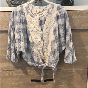 Cute tie up lace trim blouse